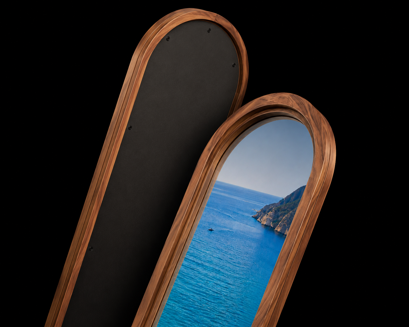 Close angled view of the frame, front and back